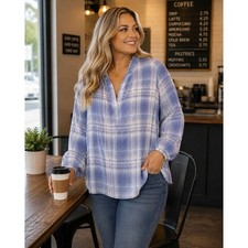 Intro Love the Fit Blue White Plaid Ruffle Neck Lyocell Blouse Top 2X NEW picture