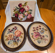Vintage Floral Needlepoint Trio Set 3 Grandma Handmade Rose Bouquet Cottagecore picture