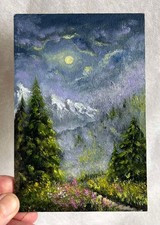 Original OIL PAINTING Mountain Landscape Night Forest Moon Wall ART 4 x 6 in picture