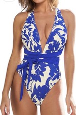 CUPSHE Blue White Tricolor Bowknot Shirred One Piece Swimsuit Size M 258 picture