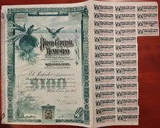 Mexico 1905 Banco Central Mexicano BLUEBERRY 100 Pesos Bond Coupons Loan Stock picture