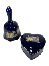 BRINN’S Navy Blue Porcelain Ceramic Bell & Heart Trinket Box Set Pheasant Floral picture