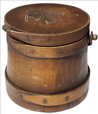 Wooden Firkin Sugar Bucket Squirrel Image Primitive With Lid Handle Antique 6