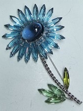 Vintage Attributed Weiss Blue Rhinestone Flower Brooch Green Leaves Stem Pin picture