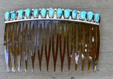 New Navajo by D Benally Hair comb beret Sterling & 13 Blue Turquoise  3 inch picture
