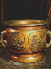 Antique Japanese Bronze Jardiniere Elephant Handles Birds Meiji Taisho 10in picture