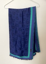 MCM Women's Logo Monogram Blue & Green Square Scarf with Fringe Accents picture
