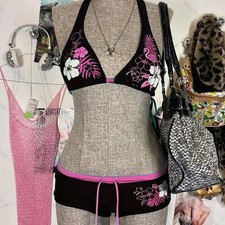 Y2K Vintage Floral Bikini Set Women Halter Neck Swimsuit 2000s Beach Swimwear  picture