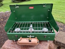 Coleman 426B 3-Burner Gas Camping Stove Green Portable Windscreen w/ Tank picture
