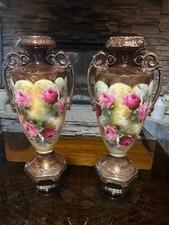 19 inch Set of 2 Antique Rose Floral Porcelain Vases Marked No. 118 on Bottom picture