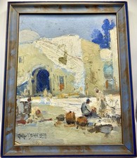 Rare 1928 Impressionist Oil Painting Street Market Scene By Arthur V. Diehl picture