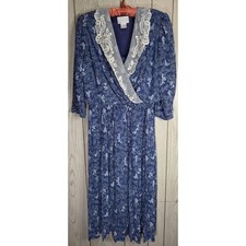 Vintage Liz Roberts 80s Blue Floral Midi Wrap Dress Lace Collar Cottagecore 10 picture