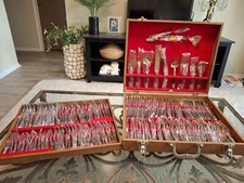 NOS Vintage 144 Pc Taiwanese Flatware Svc For 12 Nickel/Bronze Teak Siam 70s picture