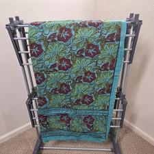 Vintage Indian Hand Block Print Floral Cotton Bedspread Blue Burgundy 86x104 picture