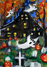 ORIGINAL ACEO Painting GHOST Spirit Autumn Pumpkin Halloween Night House ATC ART picture
