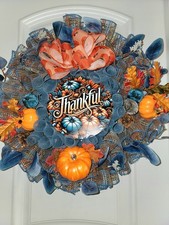 Fall Deco Mesh Wreath THANKFUL pumpkins Leaves Pinecones Handmade 24 In. picture