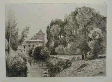 JB Camille Corot Etching Landscape Castle And Pond Signed Durand Ruel 1873 picture