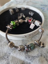 PANDORA 925 Sterling Silver Snake Chain Charm Bracelet x2 Beads Rare & Retired picture