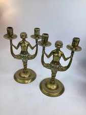 2 Antique Danish Brass Ornate Mermaid Candle Holders Large Heavy  (K3) picture