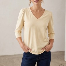 J. Jill Cream 100% Cotton V-Neck Puff Shoulder 3/4 Sleeve Top Large picture