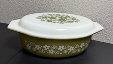 Vintage Pyrex 045 2-1/2 Qt Spring Blossom Crazy Daisy Casserole W/Lid 2 pc Green picture