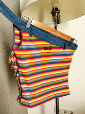 D&G Dolce Gabbana Vintage Rainbow Striped Top Denim Trim Fringe Italy picture