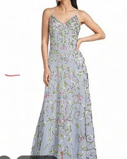 Jump Apparel Juniors Blue Floral Mesh Sequin Embroidered V-Neck Long Dress 7/8 picture