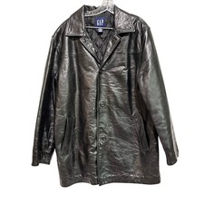 Vintage Gap Mens Leather Car Coat Black Button Front Quilted Lining Large Y2K picture