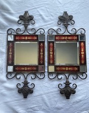 Vtg Ornate Spanish Style Wall Mirrors Painted Glass Tile Beveled Iron Scroll Set picture