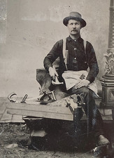 RARE 9-Tool+Box Occupational Tintype Photo 1880s Carpenter Hatchet Planes Ruler picture