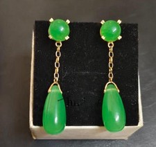 Vintage Drop Cut Natural Green Jade Dangle Earrings 14K Yellow Gold Plated picture