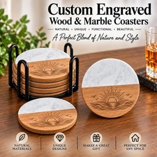 Custom Engraved Wood & Marble Sunrise Coaster & Holder Set, 4in Round, 5pc picture