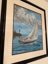 Original Sailboat Lighthouse Seascape Oil Painting Realism Framed Canvas picture