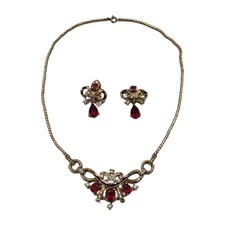 Vintage Trifari Alfred Philippe Ruby Bow Parure Necklace Earrings PAT PEND 18 picture
