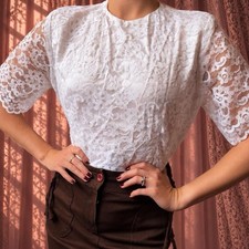 1950s midcentury hand stitched white lace fitted blouse picture