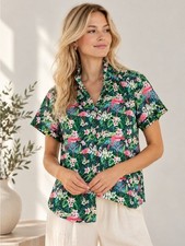 NWT KMJ Sz Small Upcycled Cotton Flamingo Tropical Floral Ruffle Top picture