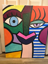 JUSTO Signed Original Abstract Face Portrait Painting On Canvas Medium Unframed picture