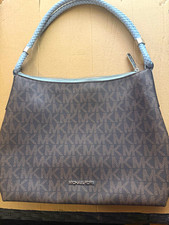 Michael Kors Brown Logo Shoulder Bag, Blue Leather Strap, Zip, Pockets picture