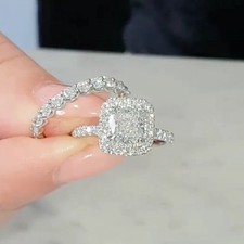3.20TCW Cushion Cut Moissanite Bridal Set Engagement Ring 14k White Gold Plated picture