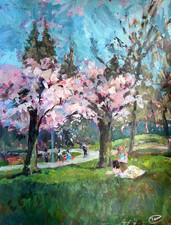Original Cherry Blossom Tree Painting 9x12in Acrylic Spring Landscape Art Signed picture