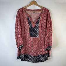 Avenue Tunic Blouse Women 30/32 Red Navy Geometric Floral Boho V-Neck Rayon picture