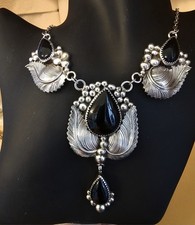 Vintage Sterling Silver Black Onyx Bib Necklace Southwest Artisan 53.73g picture