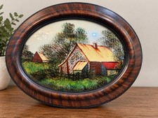 Antique Early 1900s Reverse Painted Convex Bubble Glass Cottage 24x18 Oval picture