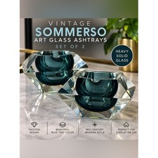 Vintage Sommerso Art Glass Ashtrays Pair Blue Teal Faceted MCM Heavy Glass picture