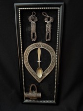 Antique Rare Qajar-Style Door Knobs, Engraved Lock & Spoon Framed Display picture