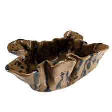 Signed Studio Art Pottery NC Brown Blue Drip Ruffled Centerpiece Bowl 9