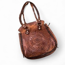 Vintage 1940s Mexican Leather Purse With Front Aztec Sun Design picture