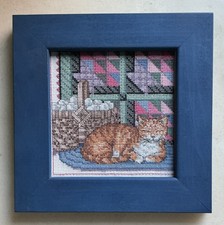 Vintage Hand Stitched Needlepoint Cat Wall Art Framed 8.5” x 8.5” picture