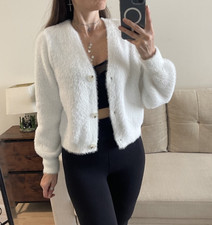 Willow & Wind White Fuzzy Eyelash Knit V-Neck Button Front Cardigan Sweater M picture