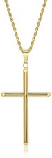 24K Gold Rope Chain Style Cross Pendant Necklace Solid Clasp for Men,Women,Teens picture